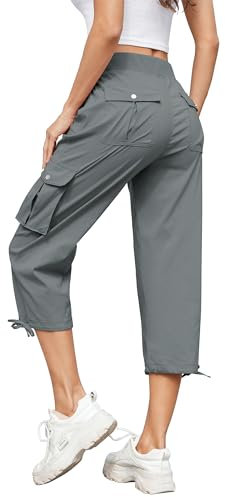 Hose Damen 3/4 Sommer Casual Cargohose Caprihose Jogginghose Comfy Stretch Leichte Outdoor Sport Reise Wanderhose Mit 6 Taschen (Grau, L)
