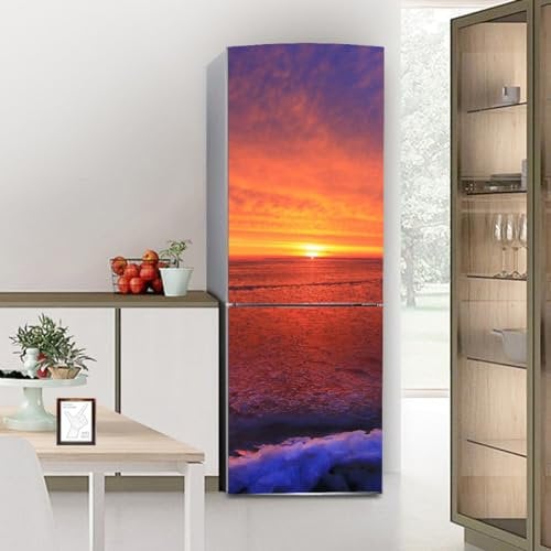Fridge Wraps Kitchen Fridge Stickers Cover Full Doors, Fridge Sticker Full Covering Door Fridge Covers Decor, Freezer Skins Wall Stickers for Kitchen Decal, Romantic Sunset sea View