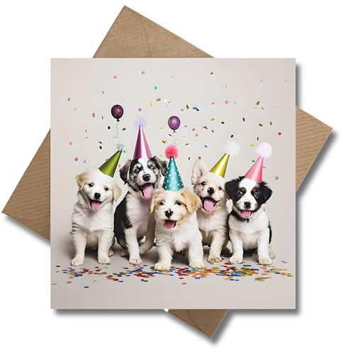 WBdesignz lustige Geburtstagskarte Welpen mit Umschlag - Glückwunsh Karte zum Geburtstag - Witzige süße Party Hunde Gratulationskarte - Happy Birthday - Hundefreunde (125 x 125 mm)