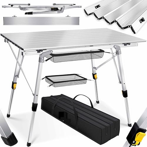 WENNEWU Klappbarer Campingtisch, Rollbare Tischplatte, Klapptisch, Klappbare HöHenverstellung, Tragetasche Mit Tragegurt, Mit Aluminiumrahmen,Silber
