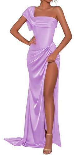 WSEYU Vestidos de dama de honor de satén para boda, vestido de graduación con un hombro descubierto, vestido largo de sirena formal, Lila, 36