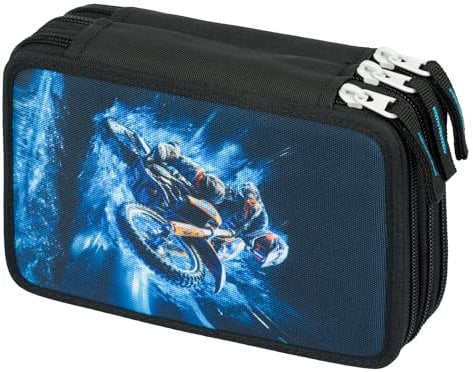Baagl 3 Fach Federmäppchen für Jungen Mädchen, Schulmäppchen für Schreibwaren, Schulsachen Federtasche, Jungen Federmappe, Mäppchen für Schule (Motorrad)