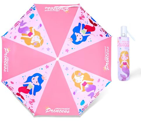 Regenschirm Kinder Mädchen mit Niedlichem Muster, Kinderschirm Reflektierend mit Schirmhülle & Auf-Zu-Automatik, Taschenschirm Winddicht Sturmfest für Jungen Leicht zu Transportieren-Rosa Meerjungfrau