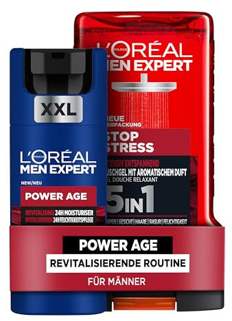 L'Oréal Men Expert Stop Stress Pflegeset für Männer, Mit XXL Gesichtspflege & Duschgel, Set für Herren mit Hyaluronsäure und aromatischem Duft, Power Age, Stop Stress, 2-teilig
