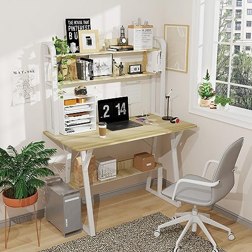 Chleby Mesa Escritorio para Ordenador con estantería Grande Escritorio computadora con Enchufe, Mesa 120 cm para Oficina y Dormitorio, Beige