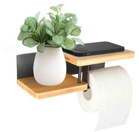 ZkateTrade Porte Papier Toilette sans Percage, Derouleur Papier Murale en Bois, Porte-Papier Toilette à Coller ou à Percer pour Cuisines (12,5)