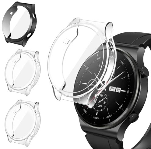 ivoler 3 Stücke Hülle mit Schutzfolie für Huawei Watch GT 2 Pro, Vollständige Abdeckung Stoßfest Kratzfest Schutzhülle Ultradünne Weiche TPU Displayschutz Case, 2 Klar + 1 Schwarz