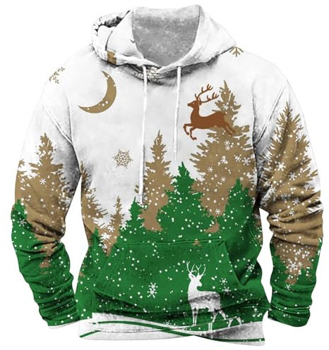 Novelty 3D Graphic Christmas Jumpers For Men, Ugly Xmas Sweater Funny Christmas Tree Reindeer Printed Drawstring Pullover Santa Claus Hoodie Sweatshirts Casual Loose Christmas Jumper Xmas