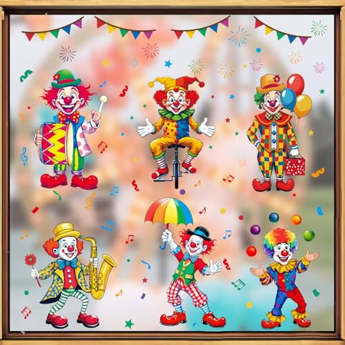 BETESSIN Fensterbilder Karneval - 6 Bögen Clown Fensterbilder Selbstklebend - Statisch Haftende Fensteraufkleber Wiederverwendbar - Clown Fensterdeko Karneval, Fasching, Zirkus Deko
