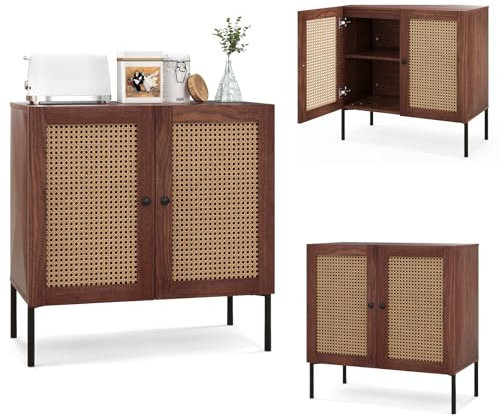KOMFOTTEU Sideboard Anrichte mit 2 Türen aus Rattan, Buffet Aufbewahrungsschrank Holz, Kommode Beistellschrank mit verstellbaren Einlegeboden, Küchenschrank Standschrank 80x40x80 cm (Walnuss)