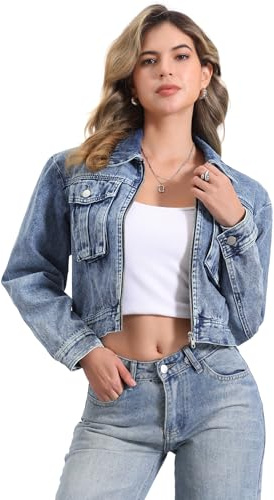 Allegra K Giacca di Jeans Casual da Donna con Cerniera, Maniche Lunghe, Tasche, Giacca di Jeans Corta Blu Lavato M