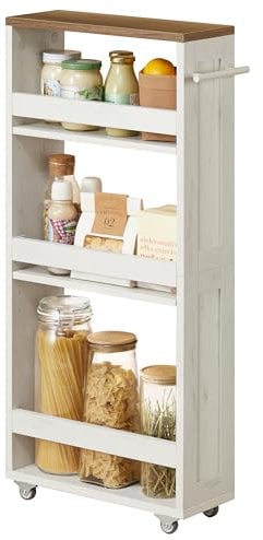 VASAGLE Carrello Stretto a 4 Ripiani, Carrellino da Cucina con Rotelle Maniglia, per Spazio Ridotto, 15 x 43,2 x 86,5 cm, Bagno, Lavanderia, Bianco Vintage e Marrone Miele LRC050K01
