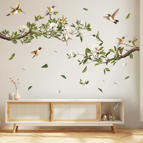 SHUCHING Abnehmbare Weiße Magnolienblüten Wandsticker, Baum Wandaufkleber, Wandtattoos für Wohnzimmer Badezimmer Schlafzimmer Küche