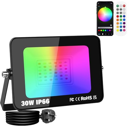 SKYWORLD 30W RGB LED Strahler mit APP Steuerung, 3000LM RGBW Strahler | Farbwechsel Flutlicht, Smart Dimmbar Timer Bunt Fluter mit Stecker Wasserdicht für Party Garten Baum Landschaft Disco Feiern