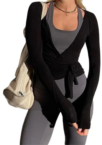 FeMereina Haut cache-cœur à nouer pour femme - Manches longues - Pour ballet et yoga, Noir , taille unique