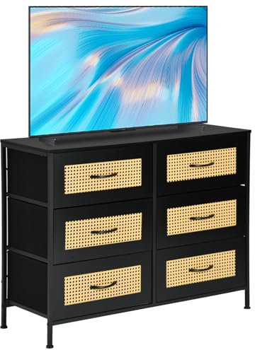 Mobile TV Industriale con 6 Cassetti in Tessuto, Console TV in Legno 55 Lungo 97cm Vintage Nero Mobili per Soggiorno Camera da Letto Cucina -