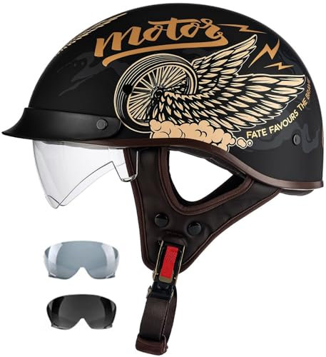 Retro Casque De Moto Adulte avec Visiere, Casque Moto Demi-Jet Casque Semi-Ouvert, Casques Jet De Moto Approuvé Dot/ECE, Casque Scooter Casques Bols Demi pour Hommes Et Femmes 13,L=59-60CM