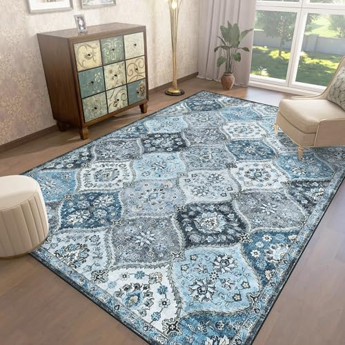 LuxFocus Teppich Wohnzimmer 160x230cm Vintage Blumen Kurzflor Grau Blau | ca. 6mm Ultradünn, Waschbarer Boho Teppich für Schlafzimmer Esszimmer Büro, marokkanisch, boho, floraler, rutschfest, faltbar