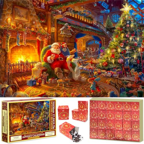 Puzzle Adventskalender 2025, Weihnachts Jigsaw Puzzle, 24 Boxen Weihnachtsmann puzzle, 1000 Teile Weihnachtspuzzle für Erwachsene und Kinder (50x70cm)
