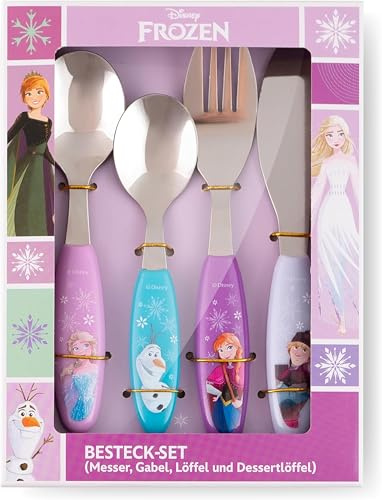 Frozen posate per bambini con confezione regalo, forchetta, cucchiaio e coltello per yogurt, frutta e molto altro ancora. Perfetto per la casa | coltello, forchetta, cucchiaio, cucchiaio da dessert con Elsa, Anna e Olaf, in confezione regalo, a partire dai 3 anni