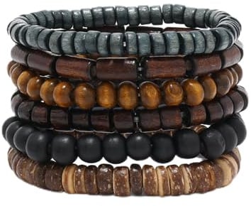 KRENIE 6 Pcs Wooden Bead Bracelets For Men, Coconut Shell Jewellery Set | Multi-Layer Elastic Stackable Wristbands For Daily Wear And Gifts
