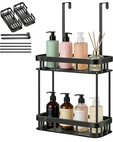 AXVRAV Duschablage zum Hängen, Edelstahl Duschregal ohne Bohren für Glasduschtüren, Badezimme Organizer mit 2 Duschkörben Shampoo Halterung Platzsparender Hänge für Dusche, H-60cm Schwarz