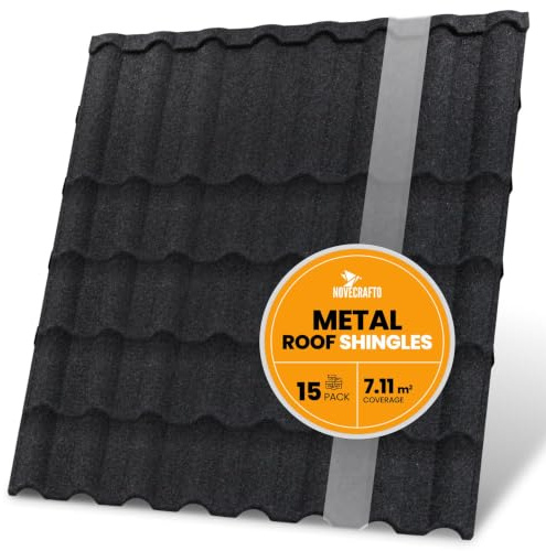 Metal Roof Shingles, 15 Pack, 7.1m² – Stone Coated Galvanised Roofing Tiles | Rust-Resistant, Weather-Resistant, Graphite, 0.25mm Thick, Zinc Coated, Corrugated, Sheds, Garages, Canopies, Houses