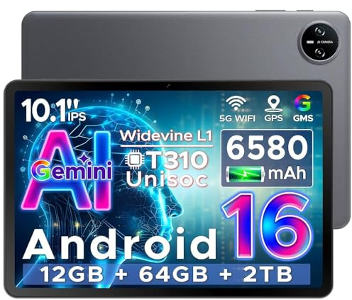 Tab A9 Android 16 Tablet 10 Inch(2026), Gemini AI Android Tablets, Unisoc T310 12GB RAM 64GB ROM(TF 2TB), 6580 mAh Battery, 5G WiFi|Dual Speaker|AI Camera|Type-C|GMS|BT|Face ID|3.5mm Jack - Gray