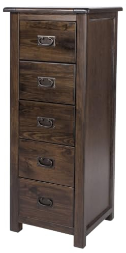 Boston 5-Drawer Tall Narrow Chest of Drawers | Rustic Brown Lacquer Finish | Solid Pine Wood Tallboy | Bail-Drop Metal Handles | Storage Unit for Bedroom, Living Room, Hallway | W45 x D40 x H114.5 cm