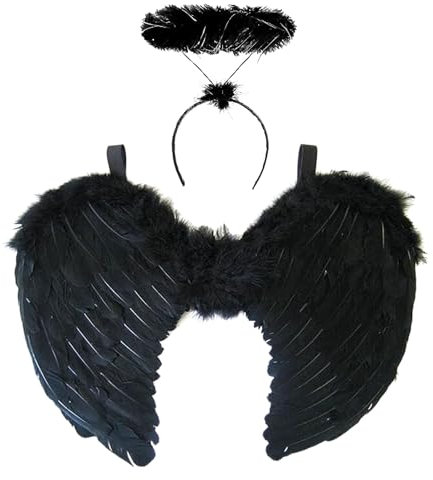 REDSTAR FANCY DRESS Ailes d'Ange et Auréole Noires – Ailes d’Anges Adultes Noires – Déguisement Halloween Femmes pour Soirée Déguisée Costume Halloween Femmes d'Ange Déchu avec Serre-Tête Noir