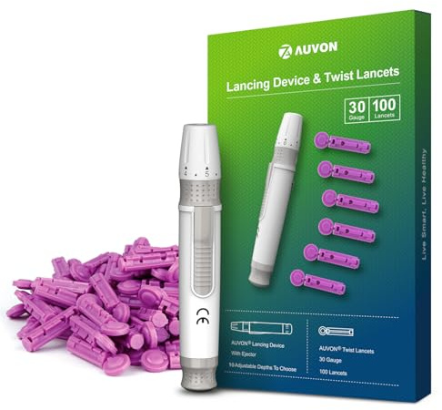 AUVON Lancing Device with Less Pain Design, Blood Sample Pen and Twist Top 100pcs 30 Gauge Lancets for Blood Sugar Level Monitoring