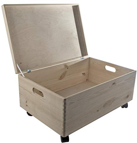 WooDeeDoo Extra Large Deep Wooden Storage Chest With Lid Handles and Wheels – 60 x 40 x 28 cm Pine Organiser for Toys Crafts Bedroom – Unfinished Mobile Decorative 47L Container
