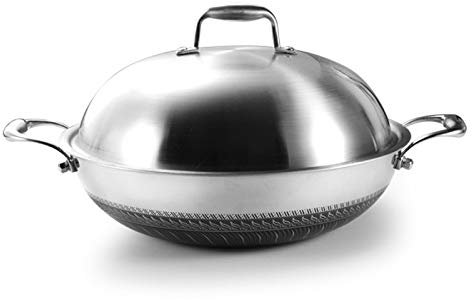 Stainless Steel Wok with Lid,Induction Wok Non Stick,Hot Pot Woks Stir-Fry Pans with Double Ring,Small/Large Wok 28-36cm,Suitable for All Stoves No Oily Smoke,36cm
