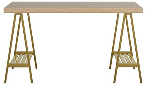 Schreibtisch RENRUIRUI- Home Office Computer Study Writing Workstation 5CM Dicke Kiefer Tischplatte Dreieck Struktur Metallfarbe Halterung Einfach Zu Montieren (Color : Gold, Size : 140X55X75CM)