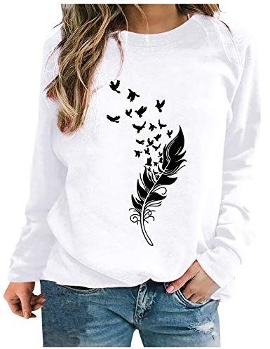 Lemooner Women's Autumn Winter Casual Pullover Blouses Tops Womens Sweatshirts Crewneck Print Long Sleeve Jumpers Sweatshirts Loose Sportswear Tops Size 10-20 UK White