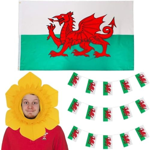 I LOVE FANCY DRESS Walisisches Rugby-Kostüm-Set – walisische Flagge, Wales-Wimpelkette und walisische Narzissenhut – walisische Sport-Fans St. David's Flaggen-Set