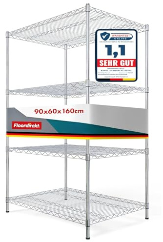 Floordirekt Küchenregal, Gitterregal, Metallregal | Tragkraft ca. 70kg je Boden Multifunktionales Aufbewahrungsregal, Badezimmerregal, Lagerregal, Kellerregal Chrom (90x60x160cm | 4 Böden) Everest