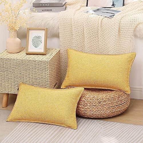decorUhome Decorative Mustard Yellow Cushion Covers 12x20 inch Linen Trimmed Edge Cushion Cover for Sofa Couch 30X50cm Set of 2