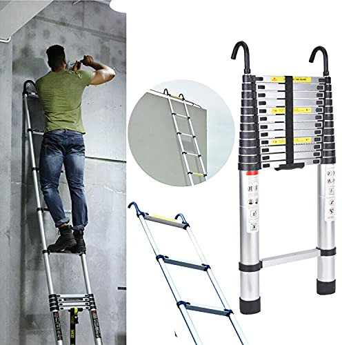 Teleskopleiter mit Haken, 5M Aluminium Ausziehleiter mit Verriegelungsmechanismus, Heavy Duty 150kg Max zusammenklappbare Leiter, Mehrzweck-Industrie-Kompakt-Leiter fΓΌr Haushalt Outdoor-Arbeit