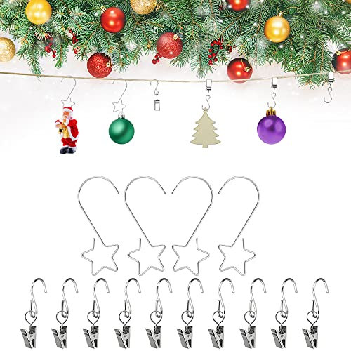 GIRAFEDA 40 Stück Weihnachtskugel Haken Metall Christbaumkugel Aufhänger S Haken Stern Kugelaufhänger Christbaumschmuckhaken Silber Schnellaufhänger mit 10 Klammer mit Haken für Weihnachtsbaumschmuck