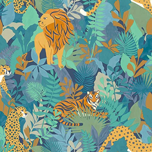 Tierreich Exotic Tier Bedruckte Tapete Kinderzimmer Löwen, Leoparden Tiger Tropische Blätter Blau Grau Orange Senf GelbHolden 13073