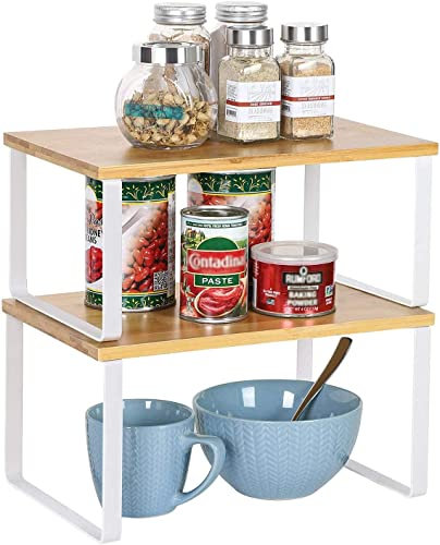 HAITRAL 2-Tier Stackable Shelf Organizer Set of 2 - Bamboo & Metal Kitchen Storage Shelves for Cabinet, Pantry, Bathroom - Space Saving Cupboard & Countertop Organizer - Natural/White