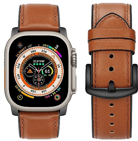 Tasikar Compatibile con Cinturino Apple Watch 49mm 45mm 44mm 42mm, Cinturini Ricambio in Vera Pelle Silicone Compatibile per Apple Watch Ultra Serie 9 8 7 6 5 4 3 2 1 SE - Marrone Scuro