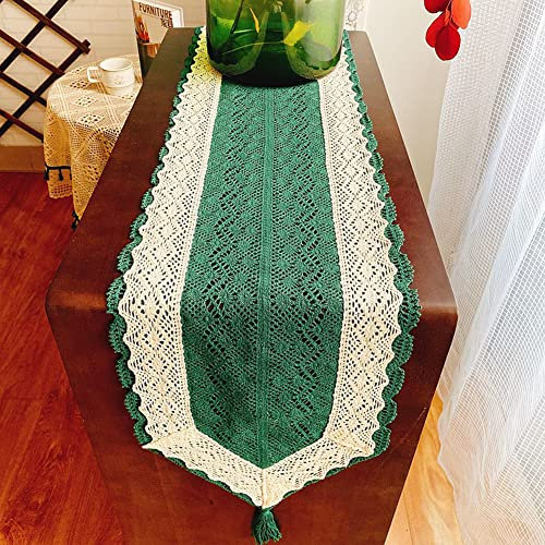 Ricemru Grün Tischläufer Gehäkelt Vintage Gewebt Makramee Tischläufer Landhausstil Marokko Baumwolle Höhlen Boho Tischband Tischdeko für Hochzeit Garten Party,30x100
