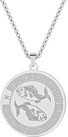 LUTAKU Pisces Zodiac Sign Pendant Necklaces for Women Men 12 Constellation Charm Stainless Steel Astrology Horoscope Sign Disc Jewelry Birthday Gift (Pisces-S)