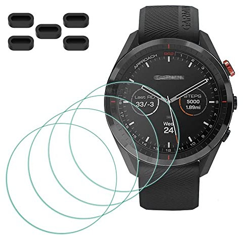 MTHGH Protector de pantalla Compatible con Garmin Approach S62 Premium GPS Golf Smartwatch [4 piezas] + tapones antipolvo 5 piezas, Dureza 9H libre de burbujas cubierta protectora ultrafina