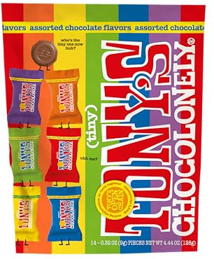Tony’s Chocolonely Assorted Chocolate Candy Pieces, Belgian Milk & Dark Chocolate, Caramel Sea Salt, Almond Sea Salt, Honey Almond Nougat, Pretzel Toffee, Made From Quality Fairtrade Cocoa, 4.44 Oz