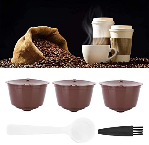 Voarge 3 capsules de café, filtre à café, capsules pour cafetières Dolce gusto réutilisables rechargeables - + 1 cuillère à remplir - 1 brosse de nettoyage en cadeau (marron)