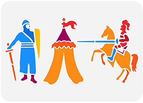 FINGERINSPIRE Jousting Knights Malschablone 29.7x21 cm Aushöhlen Pferd Zelt Schwert Schild Handwerk Schablone Kunststoff Stehende Ritter Reitritter Zeichenschablonen Für Die Wand, Schränke Dekor