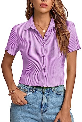 LYANER Damen Rippstrickkragen V-Ausschnitt Knopfleiste Rüschen Tirm Kurzarm Crop Top Bluse Shirt, Flieder, Groß
